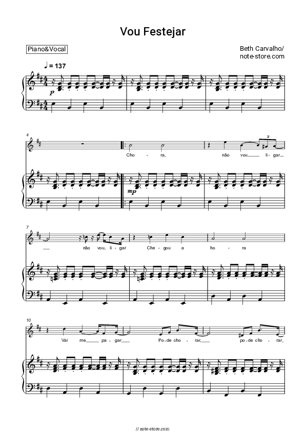 Vou Festejar - Beth Carvalho Piano Sheet Music with the Voice part - Piano&Vocal