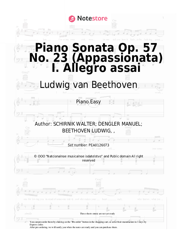 Piano Sonata Op. 57 No. 23 (Appassionata) I. Allegro assai - Ludwig van Beethoven Piano Sheet Music Easy - Piano.Easy