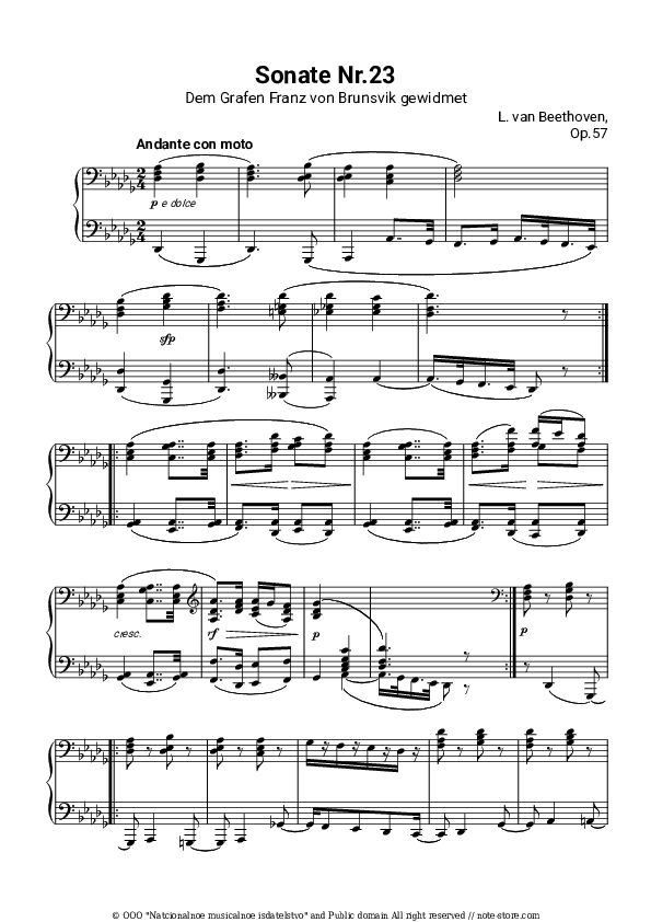 Piano Sonata Op. 57 No. 23 (Appassionata) II. Andante con moto - Ludwig van Beethoven Piano Sheet Music - Piano.Solo