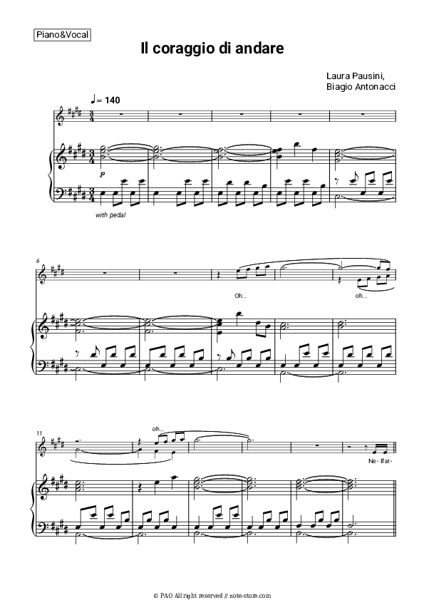 Il coraggio di andare - Laura Pausini, Biagio Antonacci Piano Sheet Music with the Voice part - Piano&Vocal