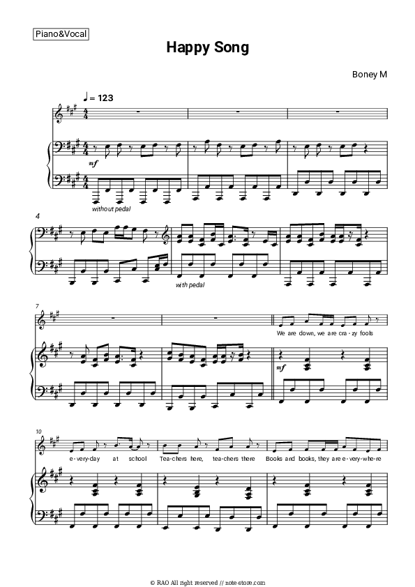 Happy Song - Boney M Piano Sheet Music with the Voice part - Piano&Vocal