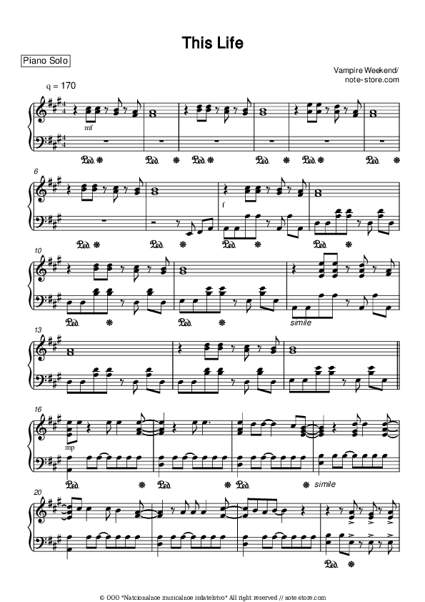 This Life - Vampire Weekend Piano Sheet Music - Piano.Solo