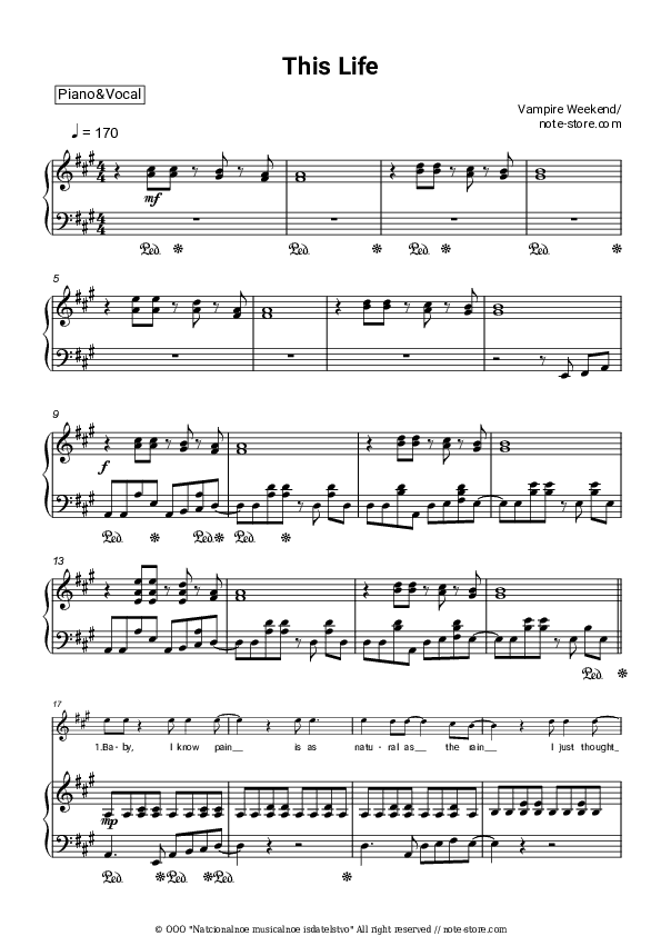 This Life - Vampire Weekend Piano Sheet Music with the Voice part - Piano&Vocal