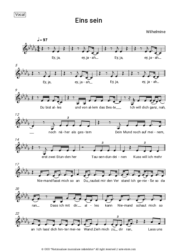 Eins sein - Wilhelmine Vocal Sheet Music - Vocal