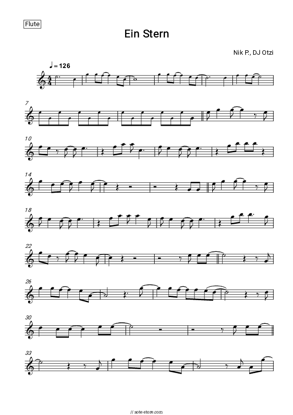 Ein Stern (der deinen Namen tragt) - Nik P., DJ Ötzi Flute Sheet Music - Flute