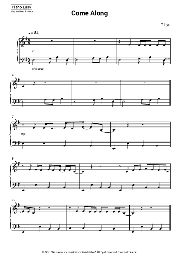 Come Along - Titiyo Piano Sheet Music Easy - Piano.Easy