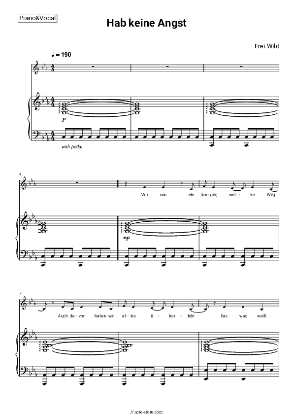 Hab keine Angst - Frei.Wild Piano Sheet Music with the Voice part - Piano&Vocal