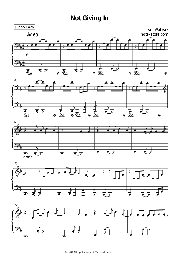 Not Giving In - Tom Walker Piano Sheet Music Easy - Piano.Easy