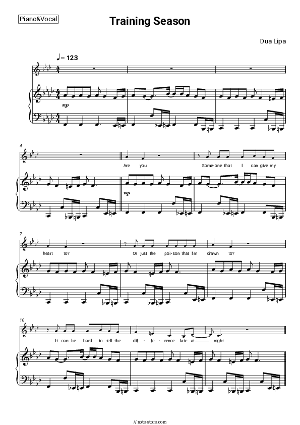 Training Season - Dua Lipa Piano Sheet Music with the Voice part - Piano&Vocal