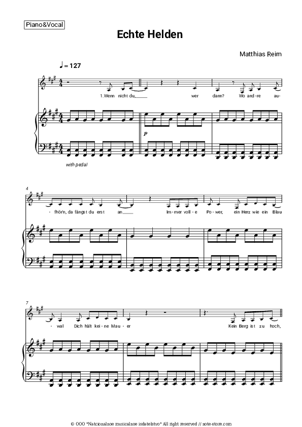 Echte Helden - Matthias Reim Piano Sheet Music with the Voice part - Piano&Vocal