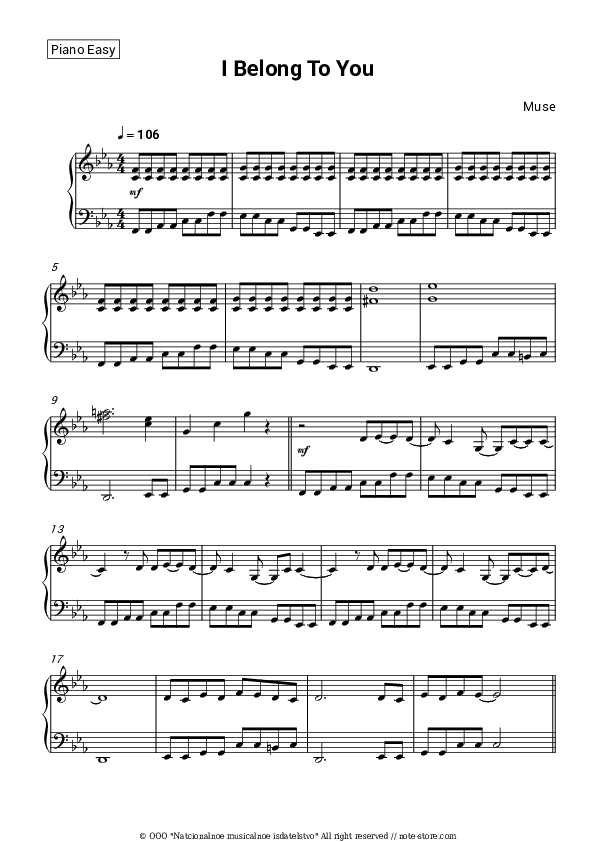 I belong to you - Muse Piano Sheet Music Easy - Piano.Easy