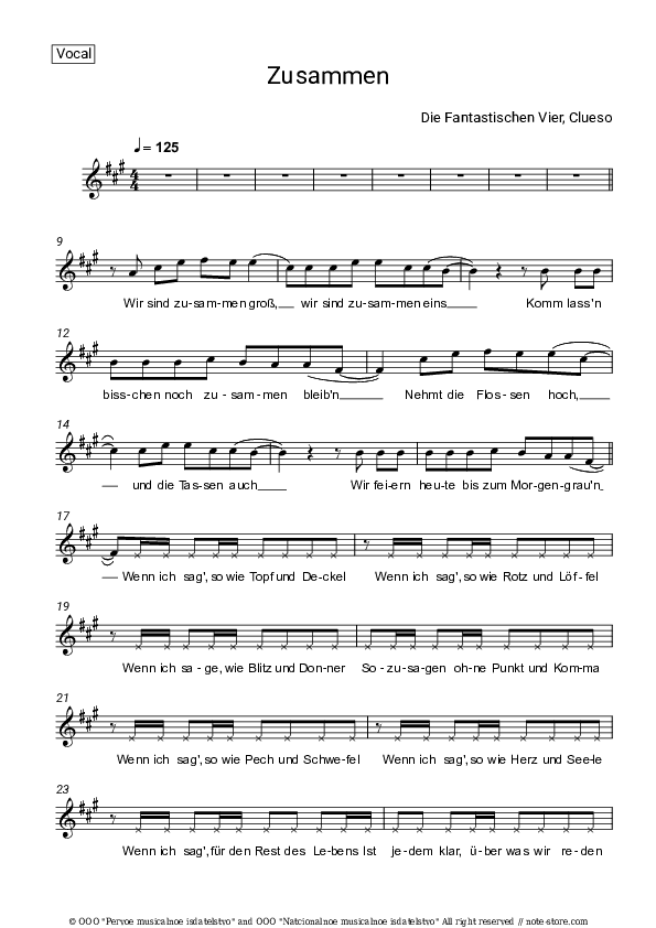 Zusammen - Die Fantastischen Vier, Clueso Vocal Sheet Music - Vocal