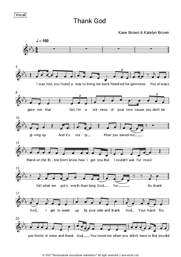 Thank God - Kane Brown, Katelyn Brown Vocal Sheet Music - Vocal