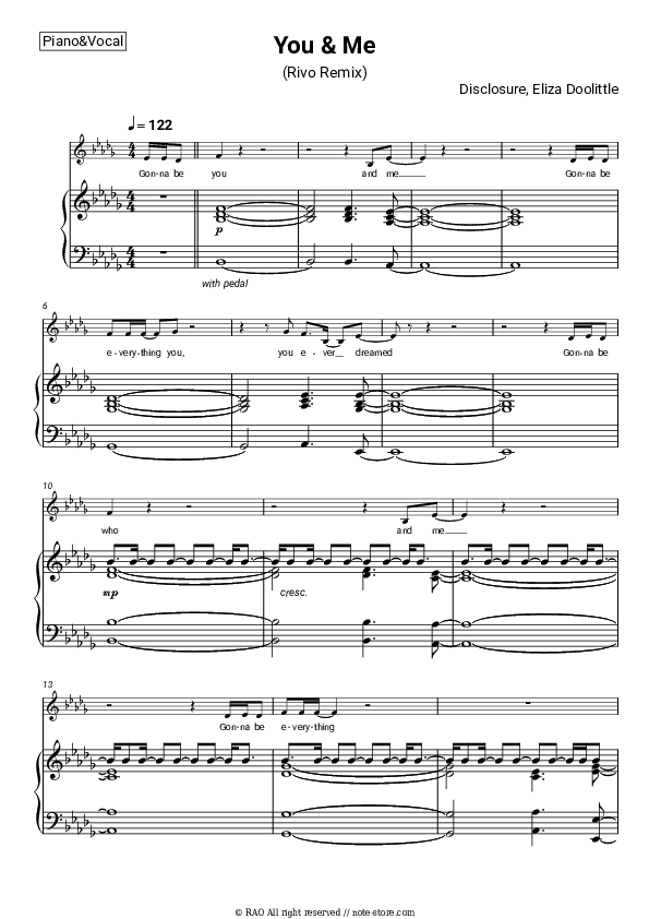 You & Me (Rivo Remix) - Disclosure, Eliza Doolittle Piano Sheet Music with the Voice part - Piano&Vocal