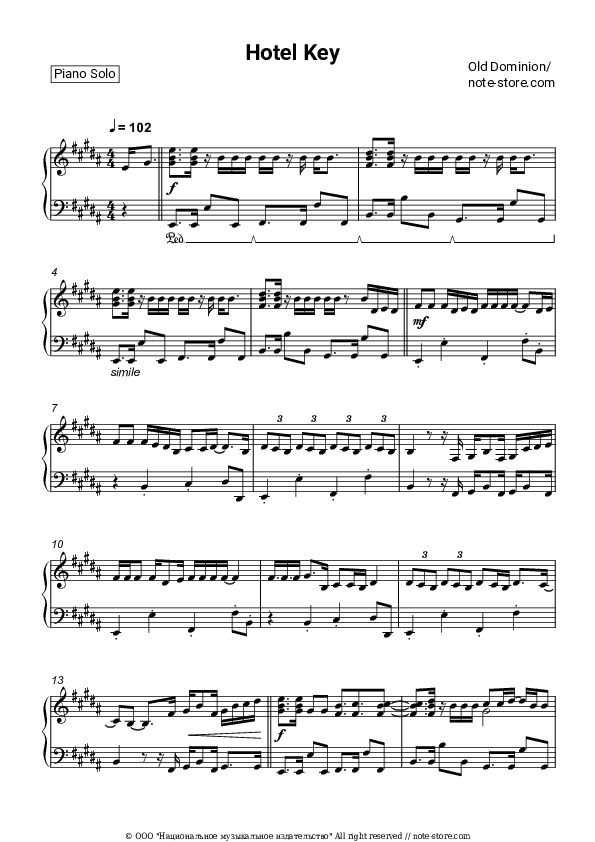 Hotel Key - Old Dominion Piano Sheet Music - Piano.Solo