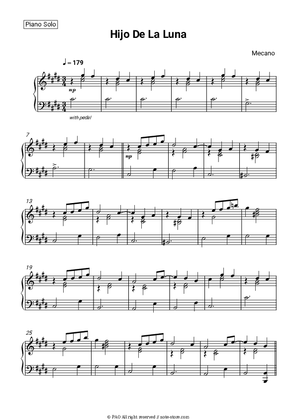 Hijo De La Luna - Mecano Piano Sheet Music - Piano.Solo
