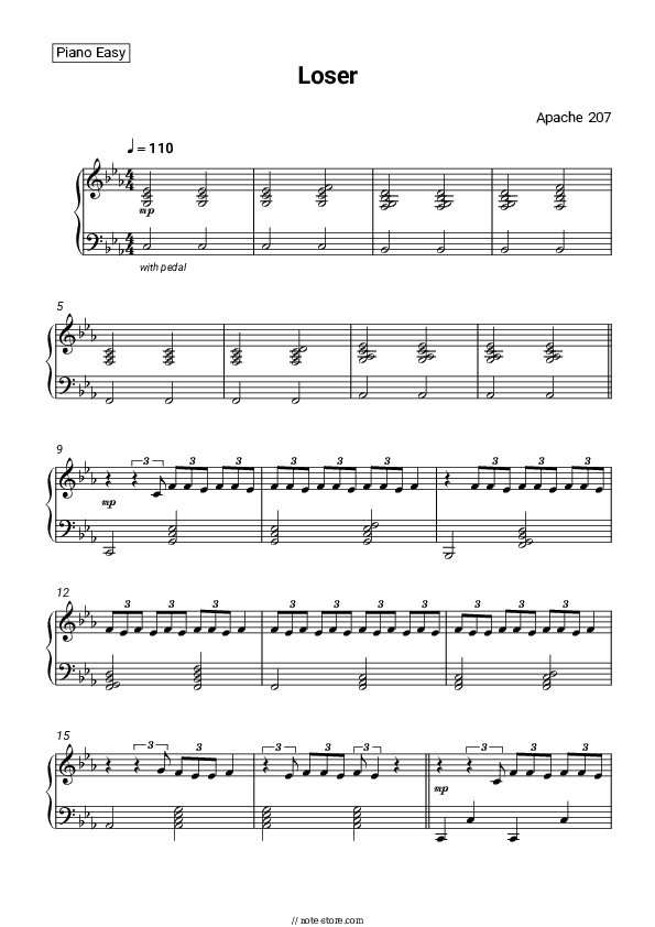 Loser - Apache 207 Piano Sheet Music Easy - Piano.Easy