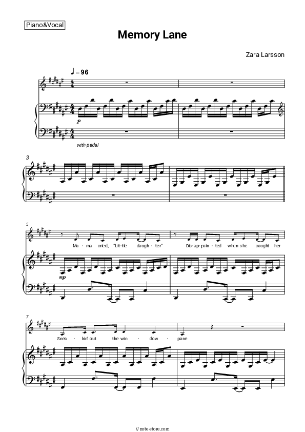 Memory Lane - Zara Larsson Piano Sheet Music with the Voice part - Piano&Vocal