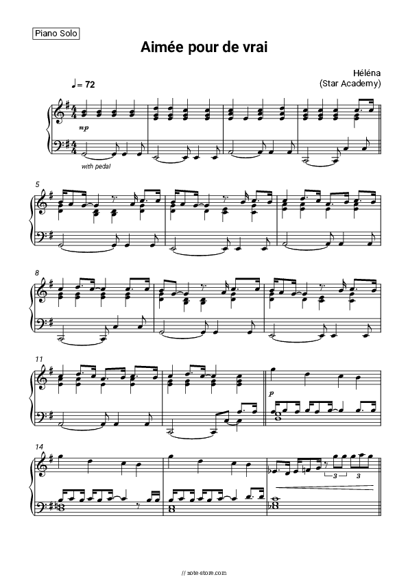 Aimée pour de vrai - Helena, Star Academy Piano Sheet Music - Piano.Solo