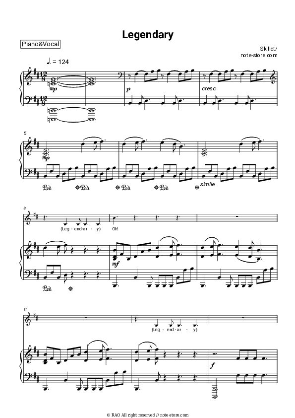 Legendary - Skillet Piano Sheet Music with the Voice part - Piano&Vocal