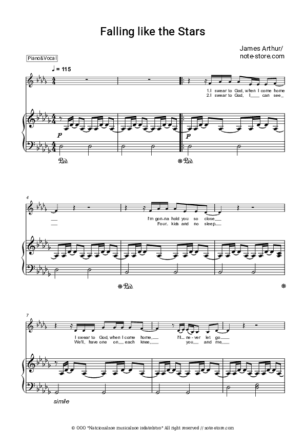 Falling like the Stars - James Arthur Piano Sheet Music with the Voice part - Piano&Vocal