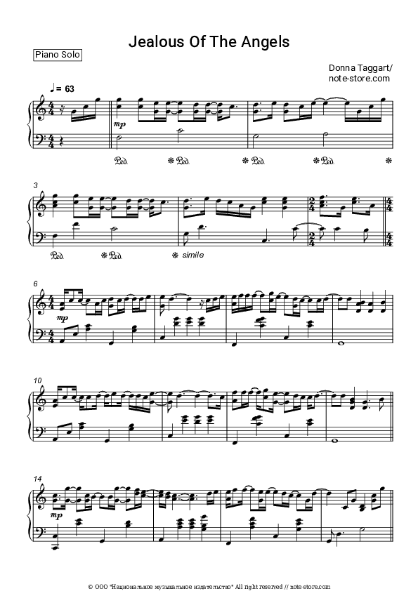 Jealous of the Angels - Donna Taggart Piano Sheet Music - Piano.Solo