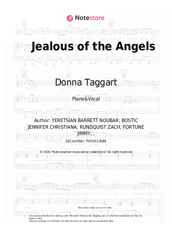 Jealous of the Angels - Donna Taggart Piano Sheet Music with the Voice part - Piano&Vocal