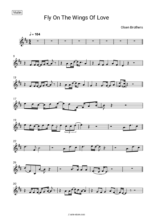 Fly On The Wings Of Love - Olsen Brothers Violin Sheet Music - Violin