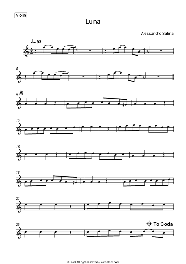 Luna - Alessandro Safina Violin Sheet Music - Violin