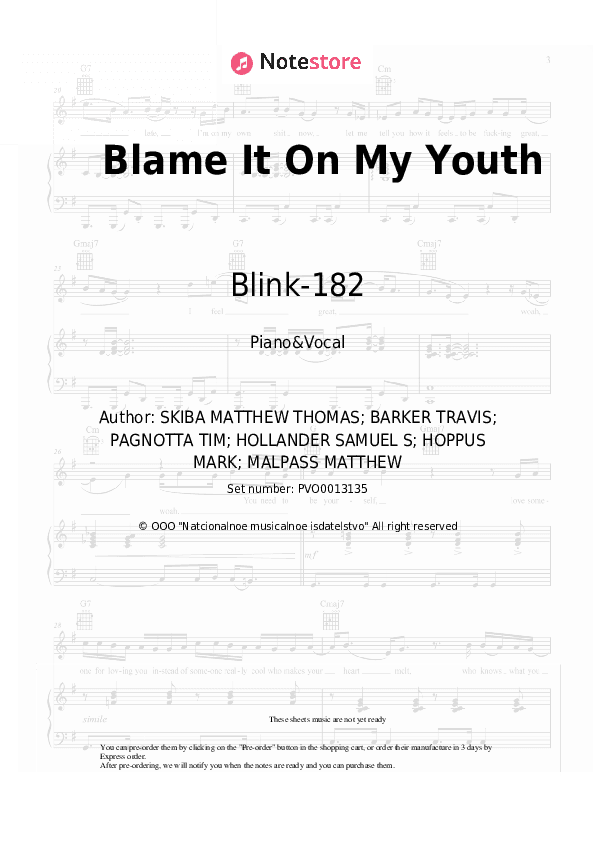 Blame It On My Youth - Blink-182 Piano Sheet Music with the Voice part - Piano&Vocal