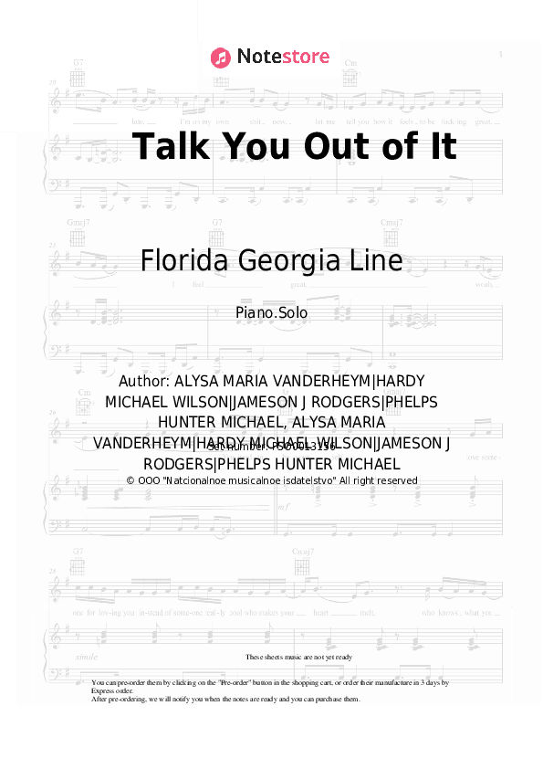 Talk You Out of It - Florida Georgia Line Piano Sheet Music - Piano.Solo