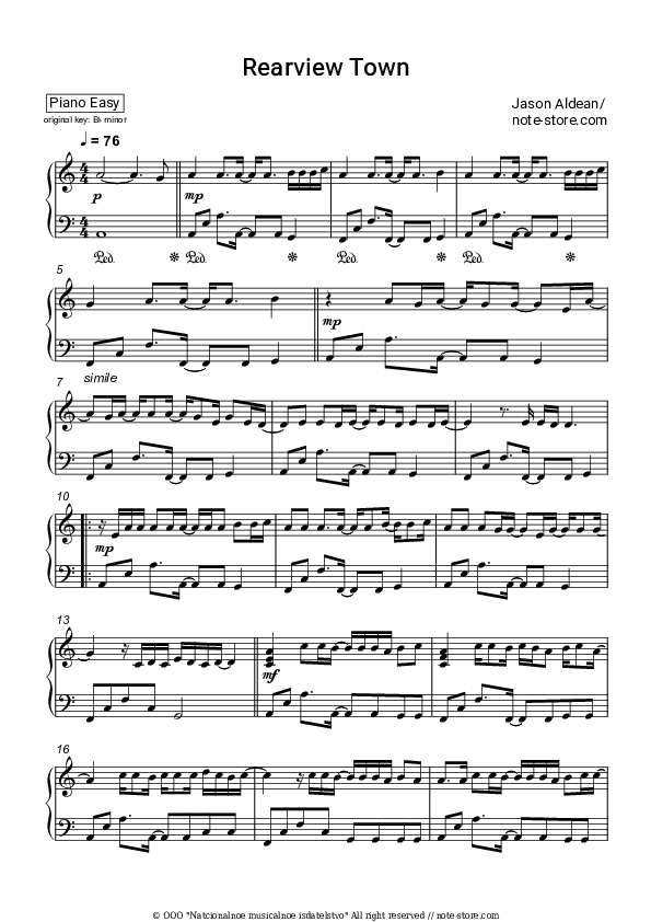 Rearview Town - Jason Aldean Piano Sheet Music Easy - Piano.Easy