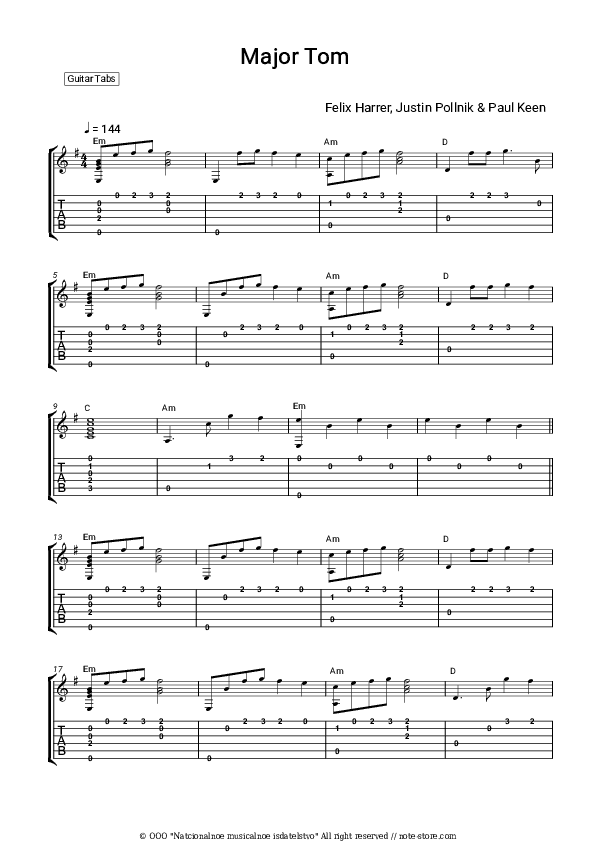 Major Tom - Felix Harrer, Justin Pollnik, Paul Keen Tabs - Guitar.Tabs