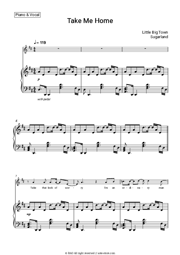 Take Me Home - Little Big Town, Sugarland Piano Sheet Music with the Voice part - Piano&Vocal