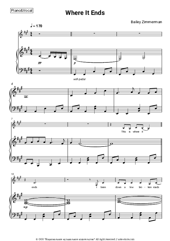 Where It Ends - Bailey Zimmerman Piano Sheet Music with the Voice part - Piano&Vocal