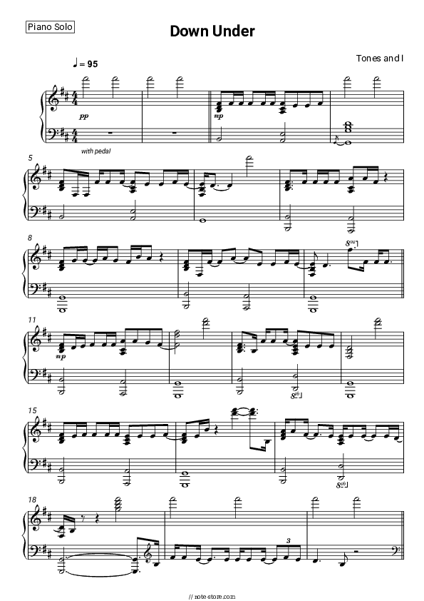 Down Under - Tones and I Piano Sheet Music - Piano.Solo