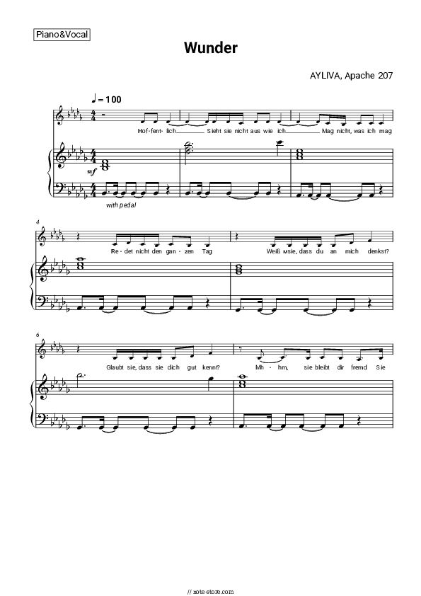 Wunder - AYLIVA, Apache 207 Piano Sheet Music with the Voice part - Piano&Vocal