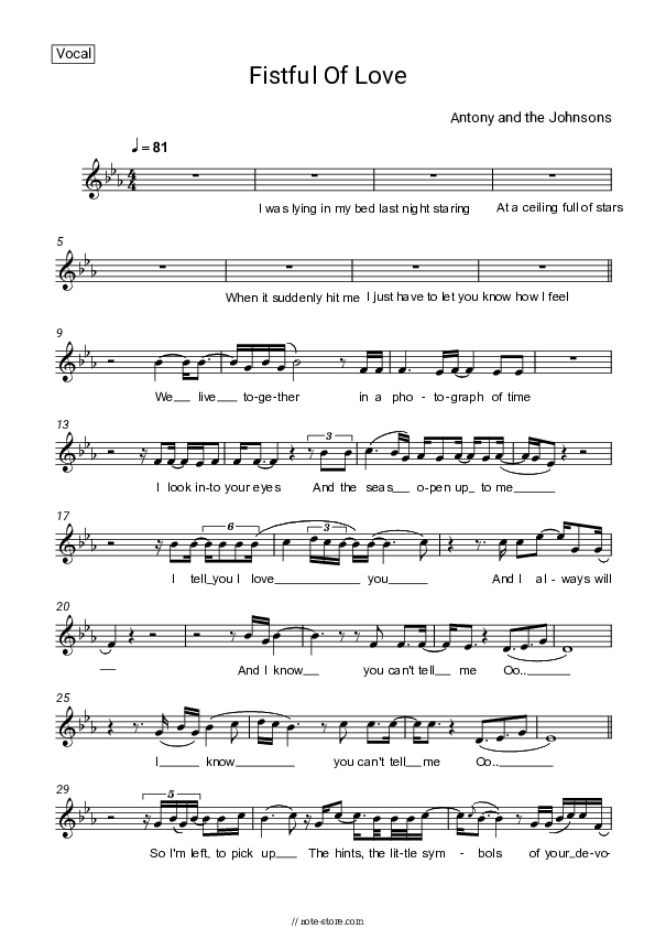 Fistful of Love - Antony and the Johnsons Vocal Sheet Music - Vocal