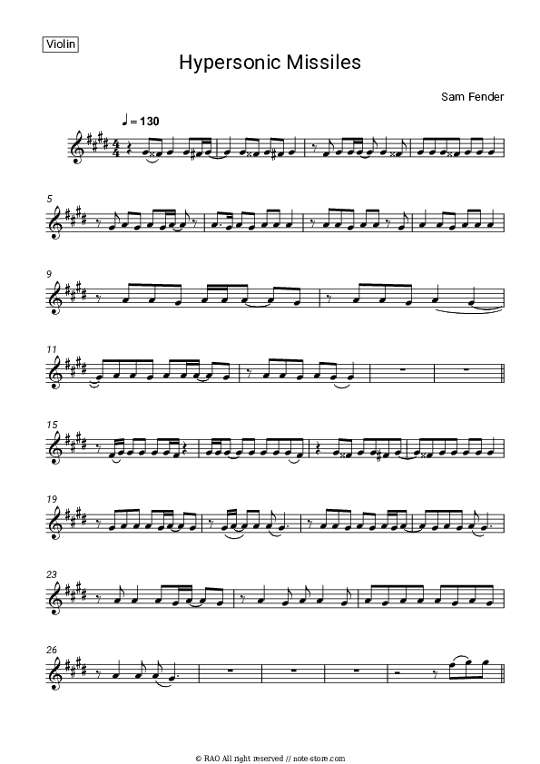 Hypersonic Missiles - Sam Fender Violin Sheet Music - Violin