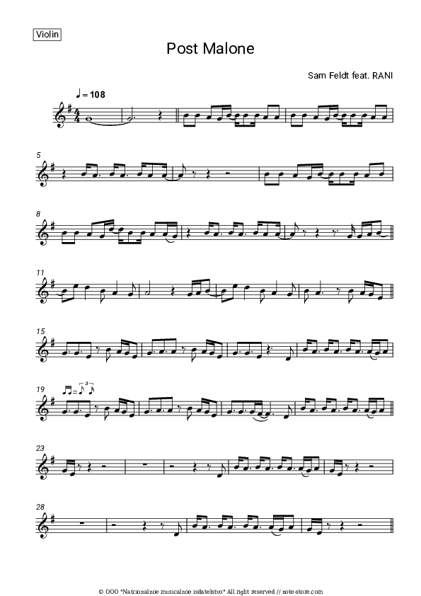 Post Malone - Sam Feldt, RANI Violin Sheet Music - Violin