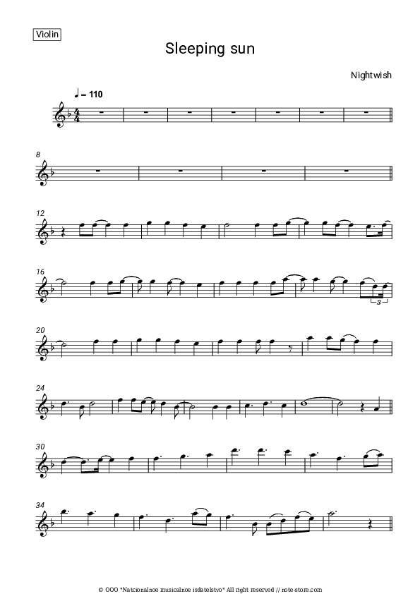 Sleeping sun - Nightwish Violin Sheet Music - Violin