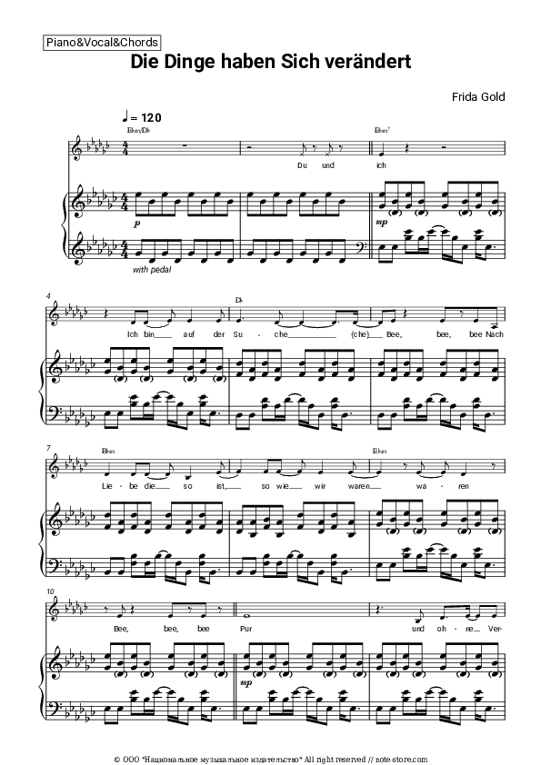 Die Dinge haben sich verändert - Frida Gold Piano Sheet Music with the Vocal and Chords - Piano&Vocal&Chords