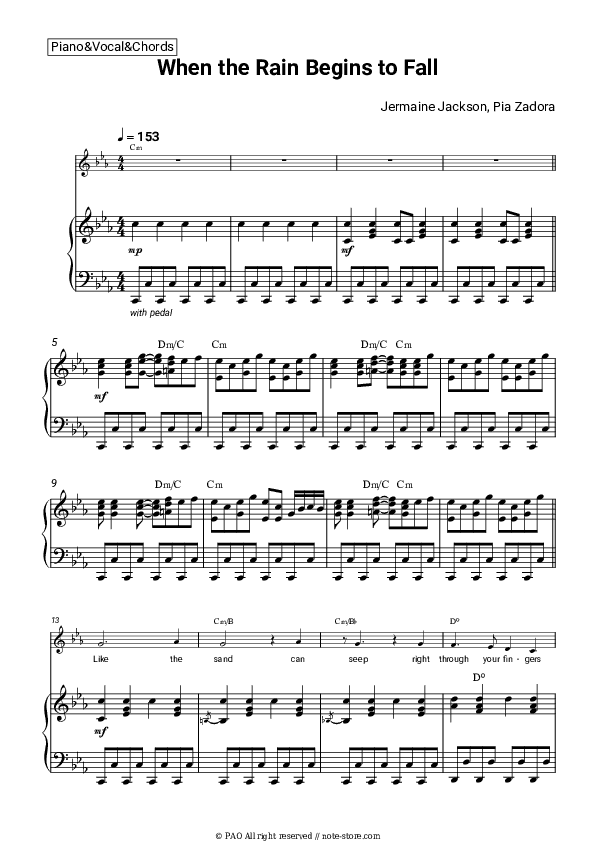When the Rain Begins to Fall - Jermaine Jackson, Pia Zadora Piano Sheet Music with the Vocal and Chords - Piano&Vocal&Chords