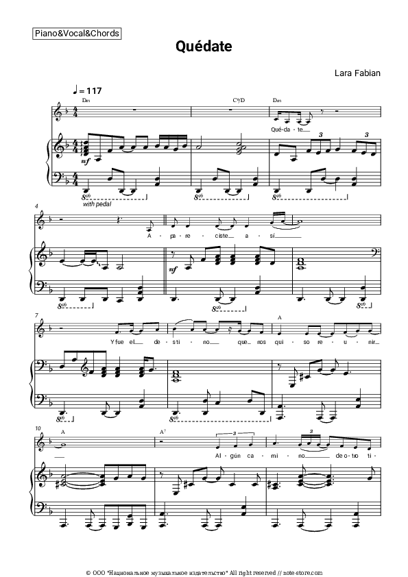 Quédate - Lara Fabian Piano Sheet Music with the Vocal and Chords - Piano&Vocal&Chords