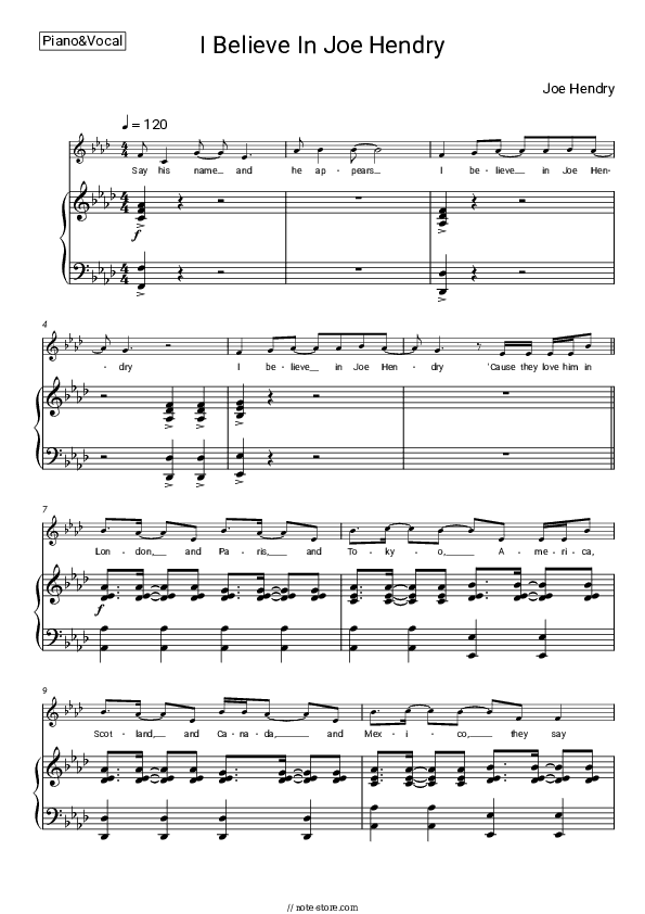 I Believe In Joe Hendry - Joe Hendry Piano Sheet Music with the Voice part - Piano&Vocal