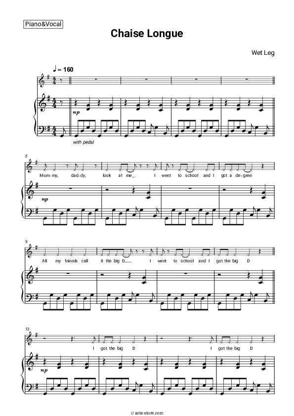 Chaise Longue - Wet Leg Piano Sheet Music with the Voice part - Piano&Vocal