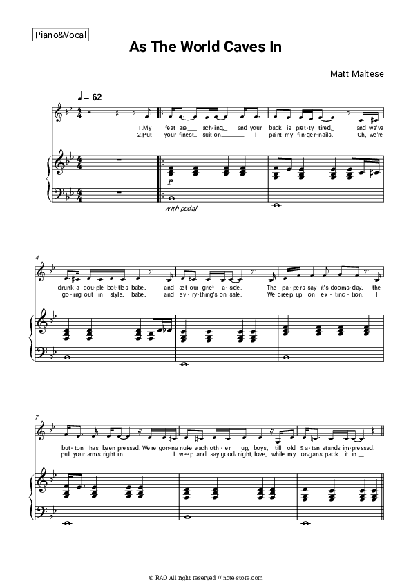 As the World Caves In - Matt Maltese Piano Sheet Music with the Voice part - Piano&Vocal