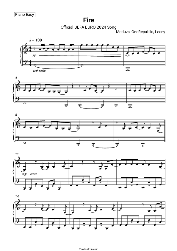 Fire (Official UEFA EURO 2024 Song) - Meduza, OneRepublic, Leony Piano Sheet Music Easy - Piano.Easy