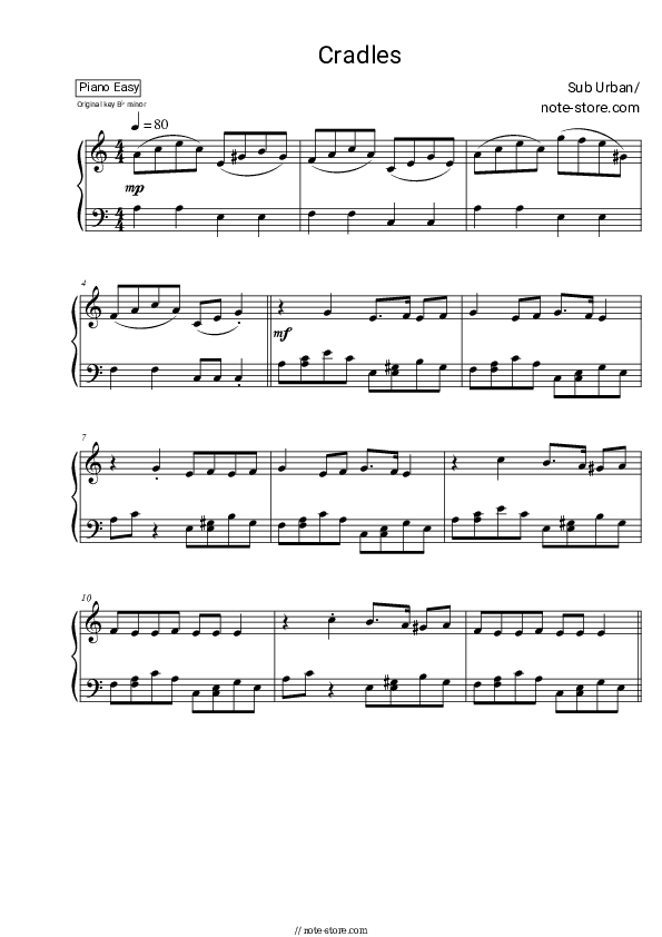 Cradles - Sub Urban Piano Sheet Music Easy - Piano.Easy