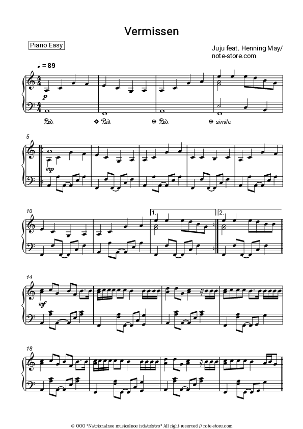 Vermissen - Juju, Henning May Piano Sheet Music Easy - Piano.Easy